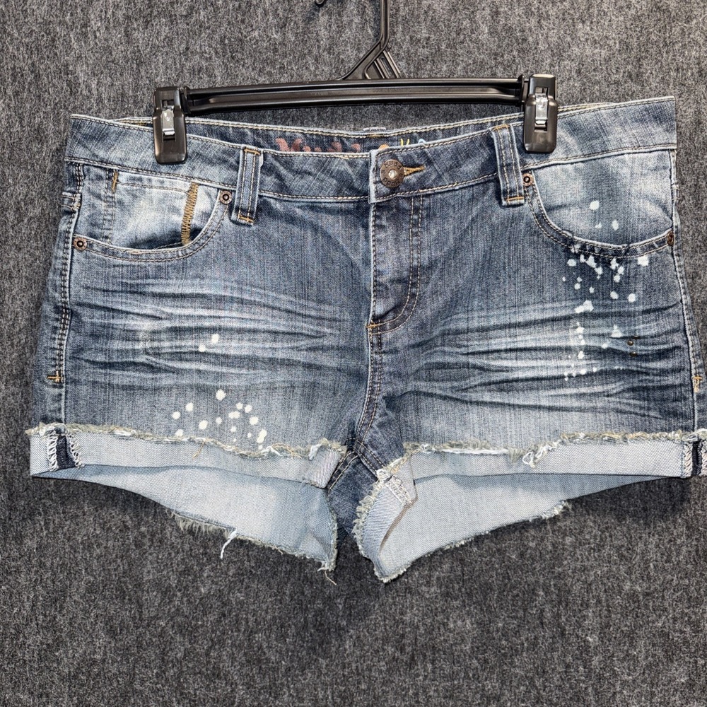 Mudd‎ Shorts Juniors Size 15 Blue Denim Cutoff Cuffed Distressed Y2K Splatter